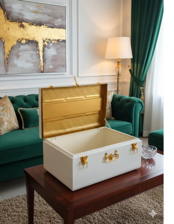 Home Decorate Luxury Metal Storage Box with Gold Finish Lid Metal Trunk (Finish and Fabric Color - Gold & White, Pre-assembled)