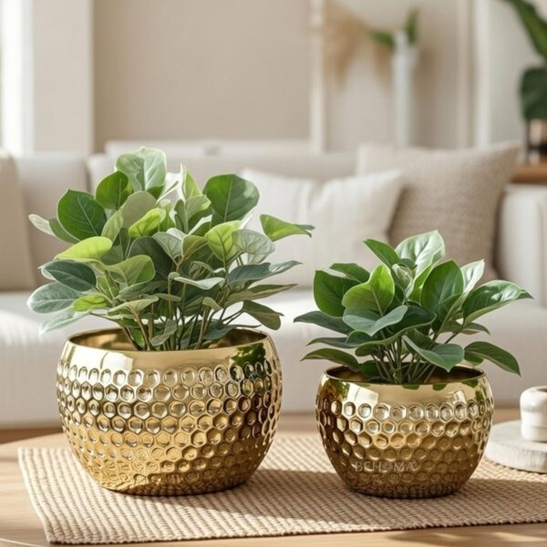 Home Decorate Set of 2 Gold Hammered Metal Planters – Premium Round Indoor Flower Pots with Textured Honeycomb Design for Home & Office Decor