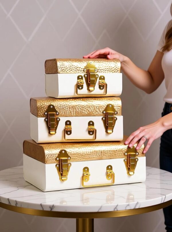 Home Decorate Luxury Handcraft Hammered Elegant Golden & White Decorative Trunks Storage Boxes (Pack of 3)
