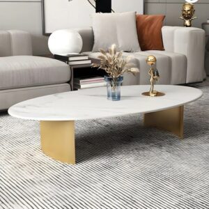 Home Decorate Modern Oval Coffee Table with White Marble Top and Gold Arched Legs