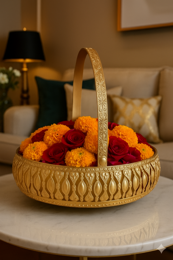 Home Decorate Luxury Flower Basket with Handle Decorative Pooja & Wedding Floral Arrangement Tray Iron Flower Basket