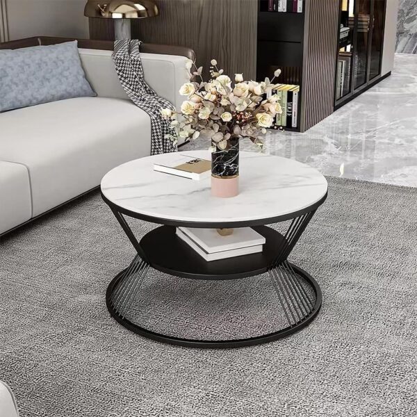 Home Decorate Contemporary Circular Center Table with Storage Shelf and Hourglass Base White Marble Top with Matte Black Sculptural Frame"