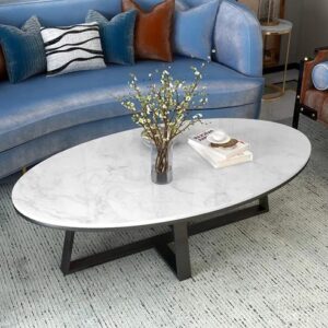 Home Decorate Modern Oval Coffee Table with White Marble Top and Black Metal Base Luxury Center Table for Living Room