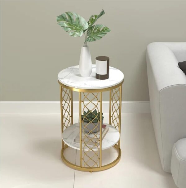 Home Decorate Luxury 2-Tier Round Side Table – White Marble Top with Gold Lattice Decorative Frame