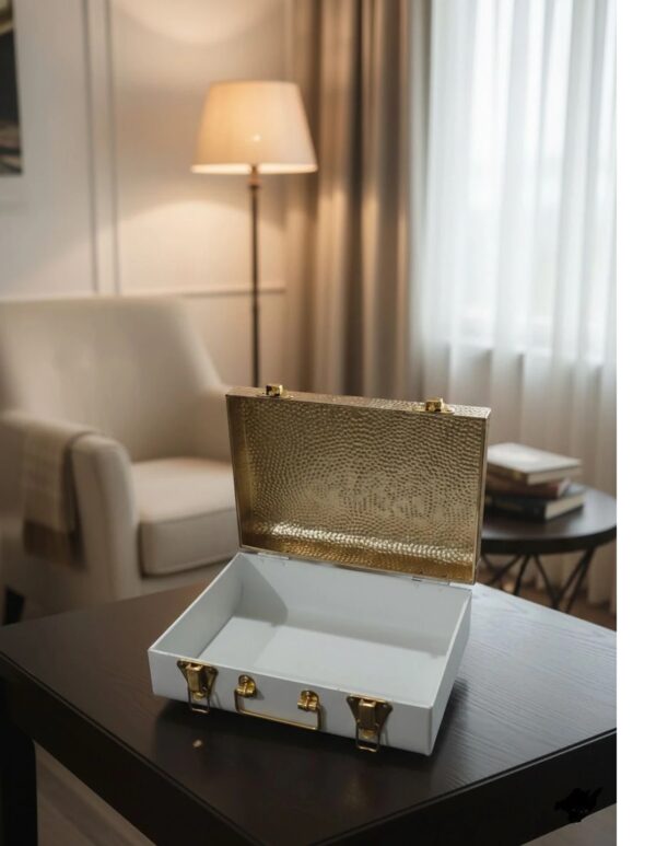 Home Decorate Premium metal storage box with golden lock & handle Metal Trunk (Finish and Fabric Color - Glod & White,Pre-assembled)