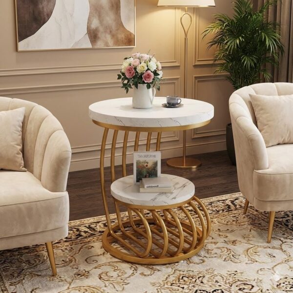 Home Decorate Luxury 2-Tier Round Side Table – White Marble Top with Sculptural Ribbed Gold Pedestal