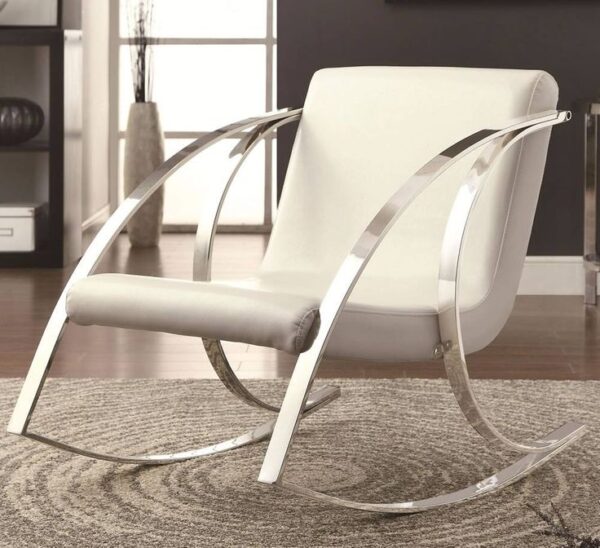 Home Decorate Modern White Leather & Polished Chrome Rocking Chair Ultra-Modern Sleek Metal Rocking Lounge Chair