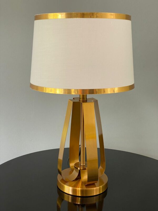 Home Decorate Modern Geometric Brass Finish Bedside Lamp with Dual Gold Trim Shade  Elegant Contemporary Gold Metal Table Lamp for Living Room & Bedroom